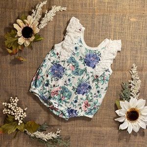 Boutique Crepe Blend Floral Print Lace Ruffle Open-backed Romper